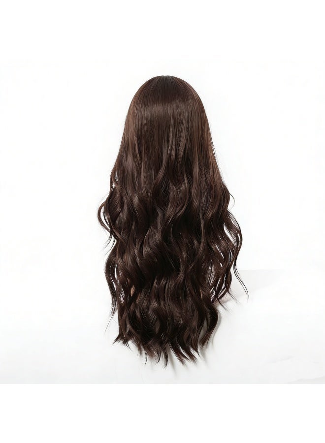 Joudi Long wave black Brown Wig with Bangs for Women, Natural Soft Synthetic Heat Resistant Hair Wig for Wedding Cosplay Party Daily Wear, 30 Inches - Image 3